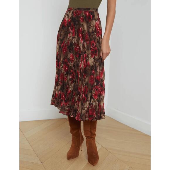 NWT L'Agence Fernanda Pleated Rose Midi Skirt Size 0 Red/Brown #FC503 - Picture 1 of 14